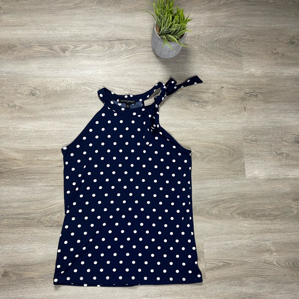 Banana Republic Navy and White Polka Dot Tie-Neck Sleeveless Top
